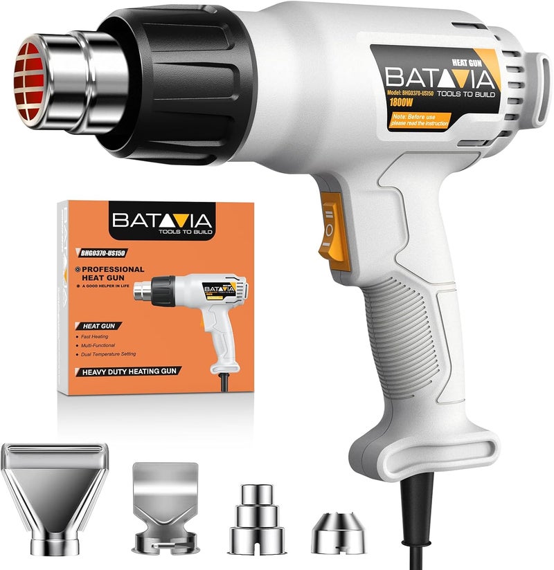 Batavia Heat Gun - Dual Protection Fuses 1800W Heavy Duty Fast Heat Hot Air Gun with 752℉&1112℉ Dual-Temperature Settings and 4 Nozzles with Overheat Protection for Crafts, Vinyl Wrap, Shrink Tubing - Image 1
